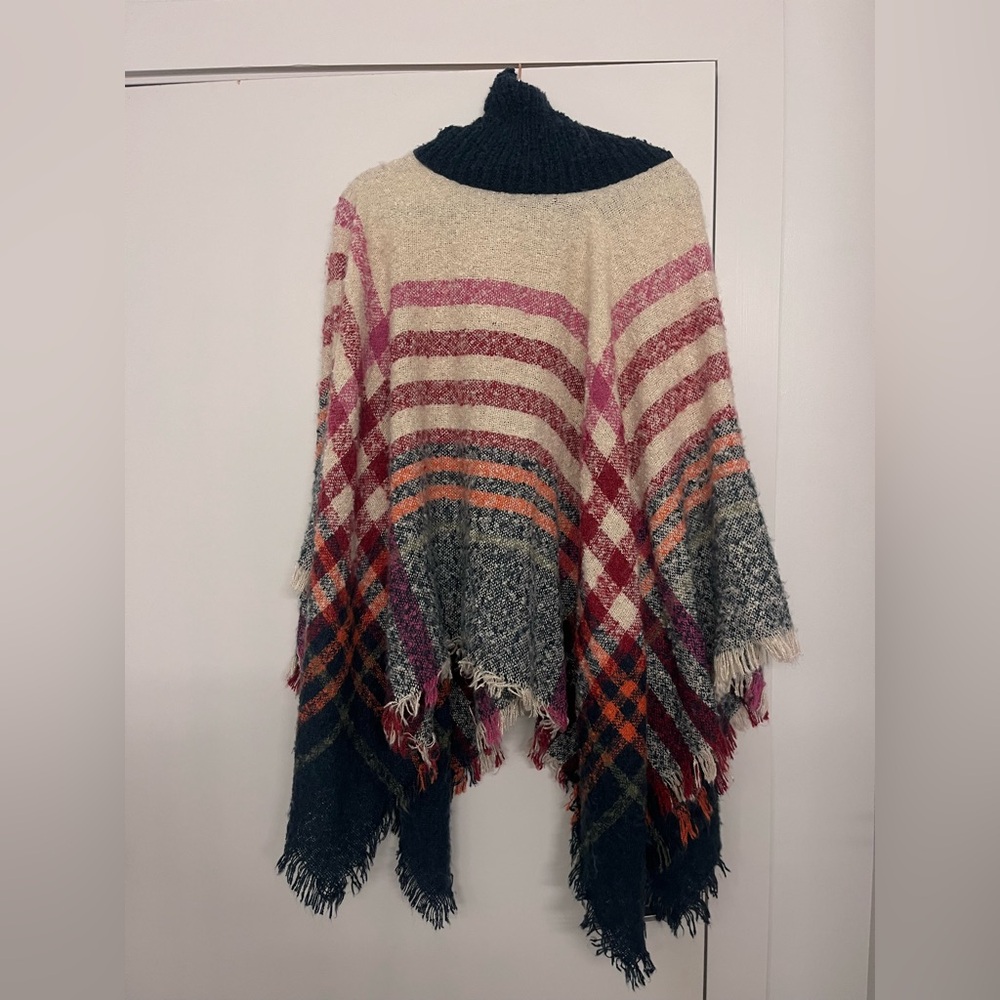 Vici Cozy Striped Poncho in Cream, Pink, and Navy